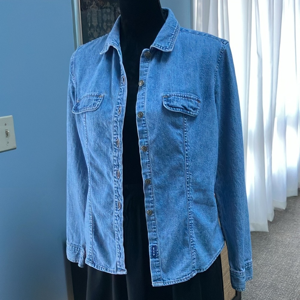 Vintage Express Denim M Shirt Fitted Light-Wash Shirttail Button-Down Western